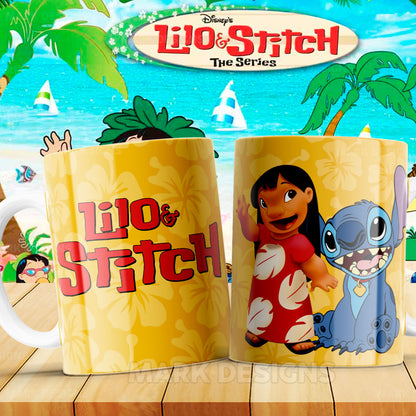 Taza Lilo & Stitch – Fondo amarillo con flores hawaianas (Copia)