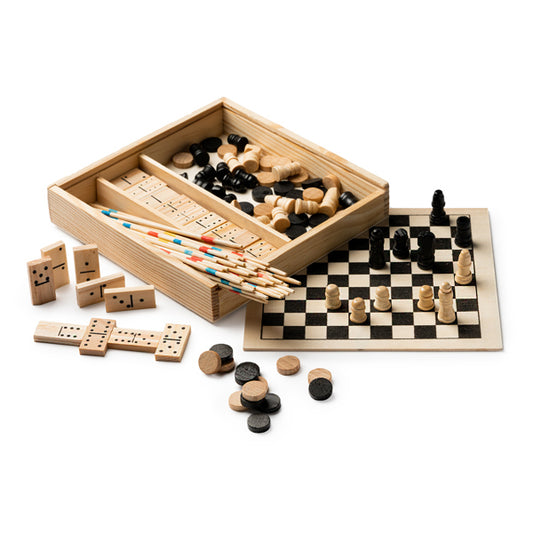 Set de 4 juegos de madera: ajedrez, damas, dominó y mikado
