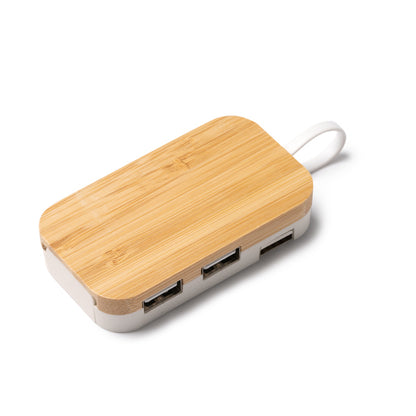 Hub USB de bambú con soporte para móvil