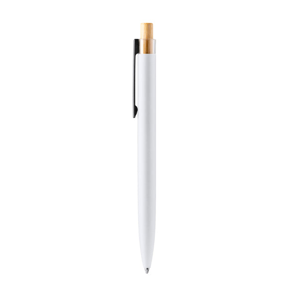 Bolígrafo de aluminio reciclado mate con pulsador de bambú · Blanco