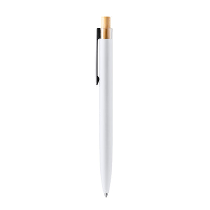 Bolígrafo de aluminio reciclado mate con pulsador de bambú · Blanco