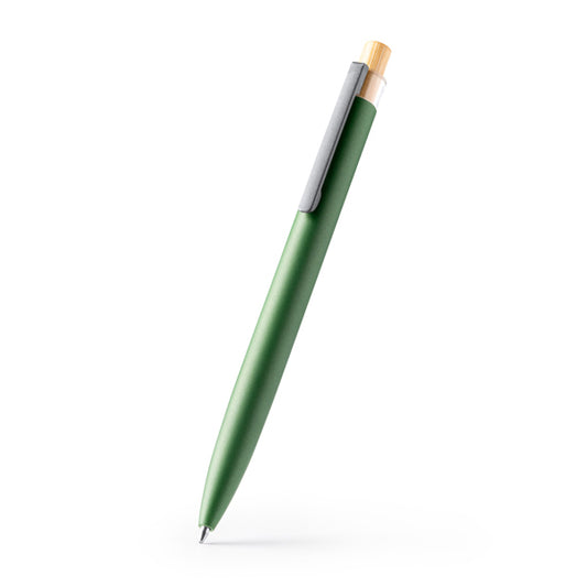 Bolígrafo de aluminio reciclado mate con pulsador de bambú