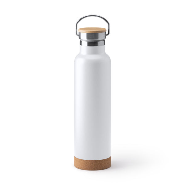 Botella térmica 650 ml con tapa de bambú y base de corcho · Blanco