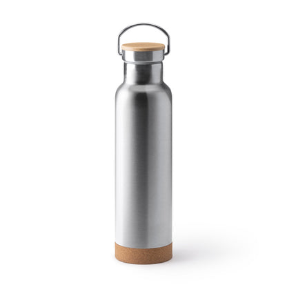 Botella térmica 650 ml con tapa de bambú y base de corcho · Plata