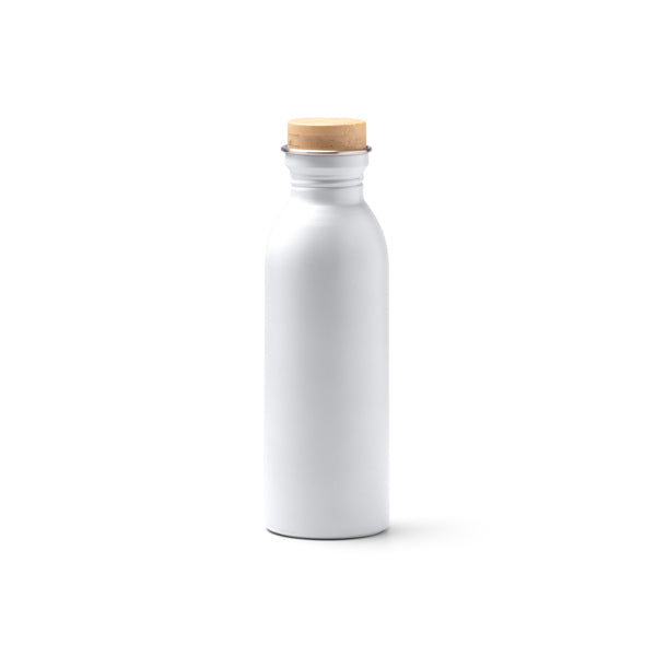 Botella de acero reciclado mate 650 ml con tapón de bambú · Blanco