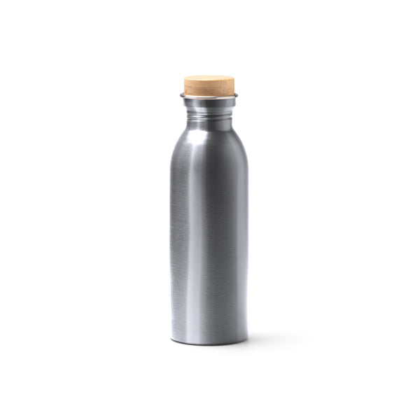 Botella de acero reciclado mate 650 ml con tapón de bambú · Plata