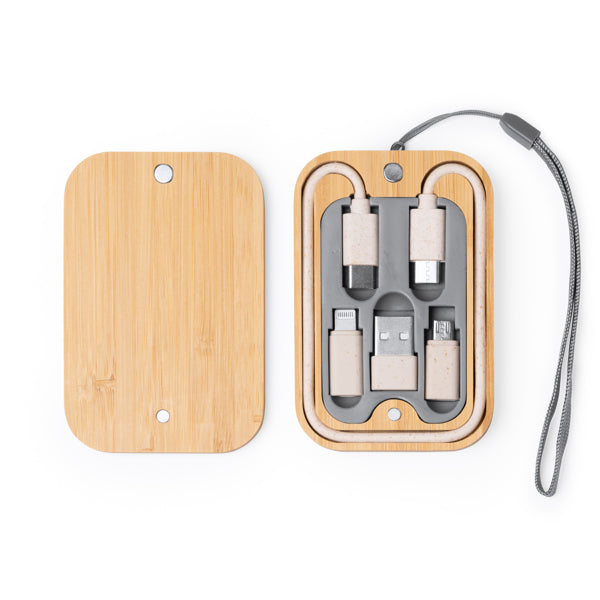 Set de cables cargadores en estuche de bambú · Crudo