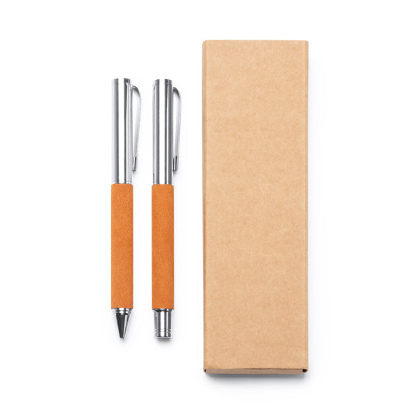 Set de bolígrafo y roller de piel reciclada · Crudo