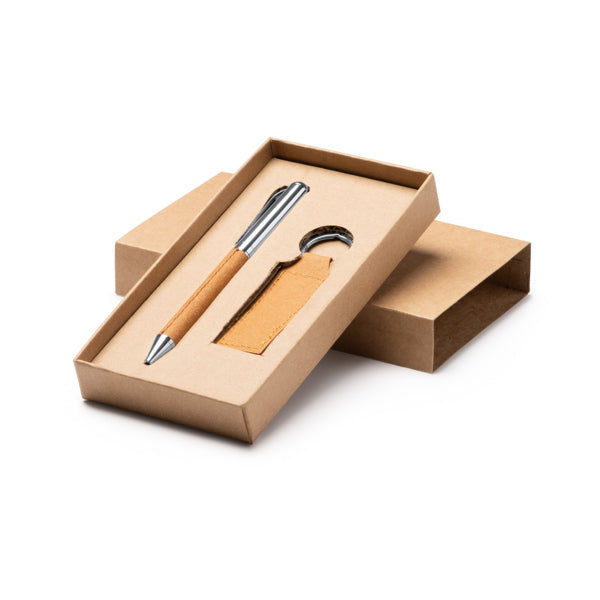 Set de bolígrafo y llavero de piel reciclada