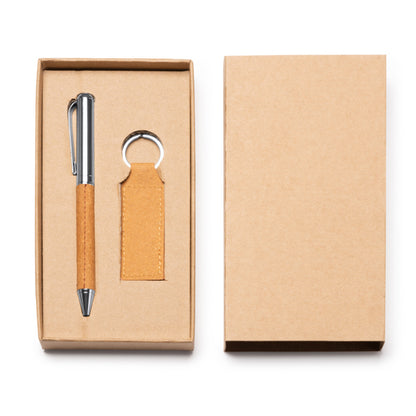 Set de bolígrafo y llavero de piel reciclada · Crudo