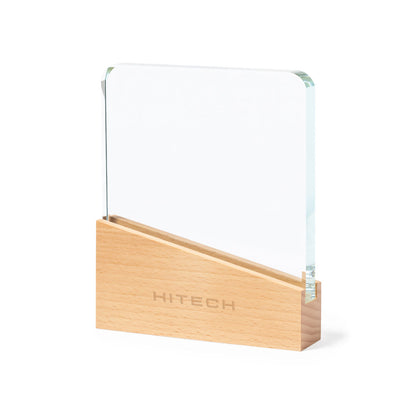 Placa conmemorativa de cristal con base de madera