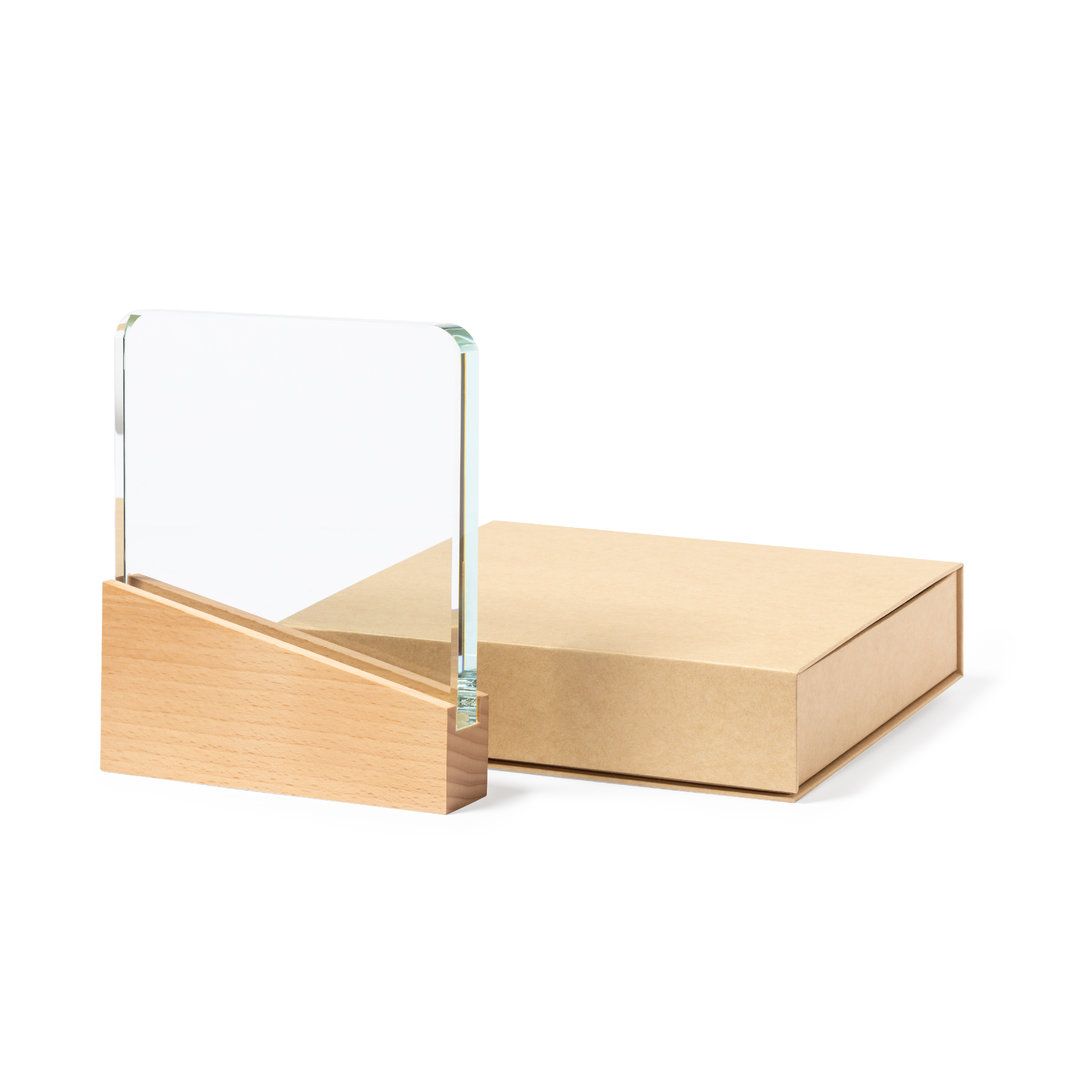 Placa conmemorativa de cristal con base de madera · Homenaje