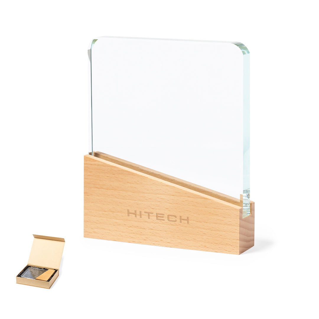 Placa conmemorativa de cristal con base de madera