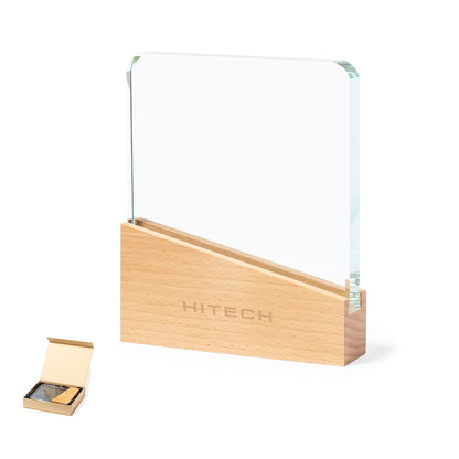 Placa conmemorativa de cristal con base de madera