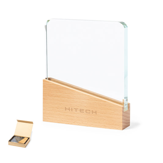 Placa conmemorativa de cristal con base de madera