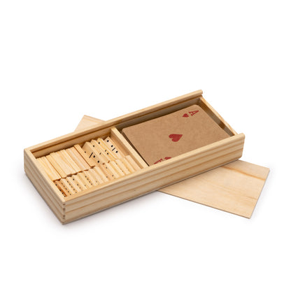 Set de baraja y dominó en caja de madera