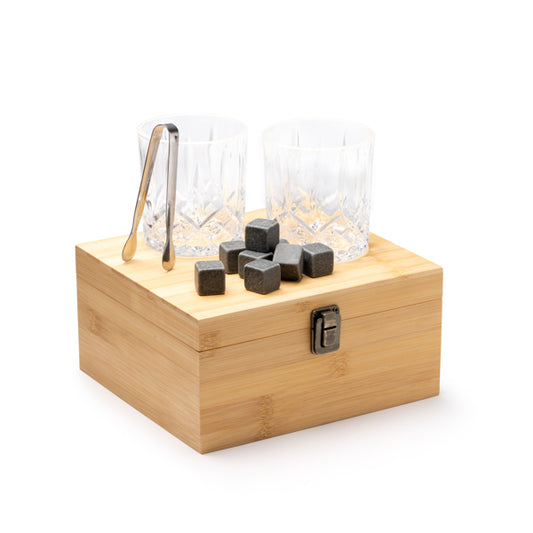 Set de whisky con 2 vasos y piedras de hielo
