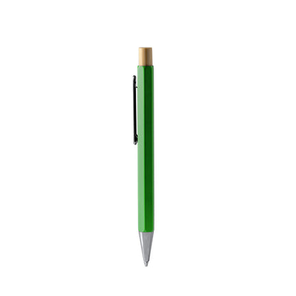 Bolígrafo hexagonal metálico con pulsador de bambú · Verde Helecho
