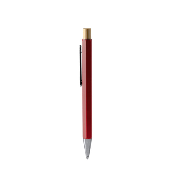 Bolígrafo hexagonal metálico con pulsador de bambú · Rojo