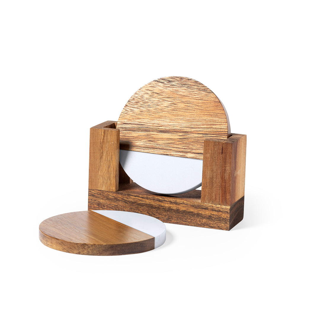 Set 2 posavasos de acacia y mármol con soporte