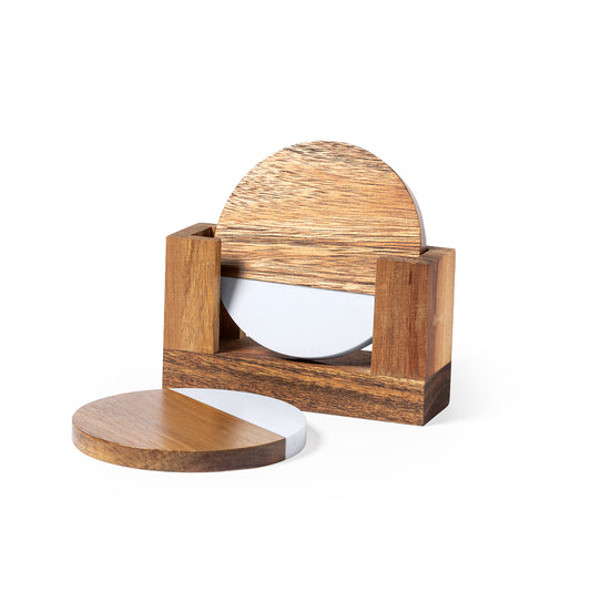 Set 2 posavasos de acacia y mármol con soporte