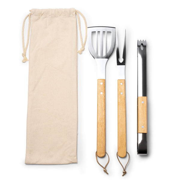 Set de barbacoa de 3 piezas con mango de madera · Crudo