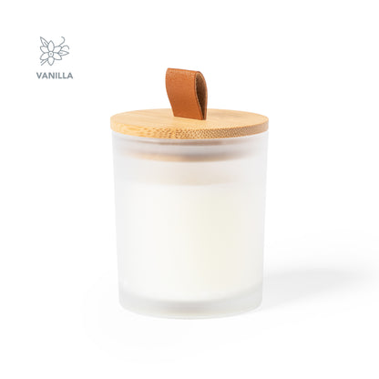 Vela aromática en cristal de color con tapa de bambú · Blanco