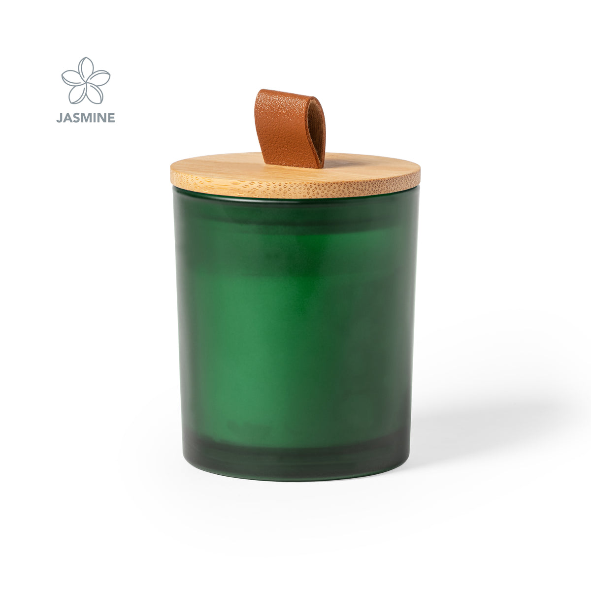 Vela aromática en cristal de color con tapa de bambú · Verde