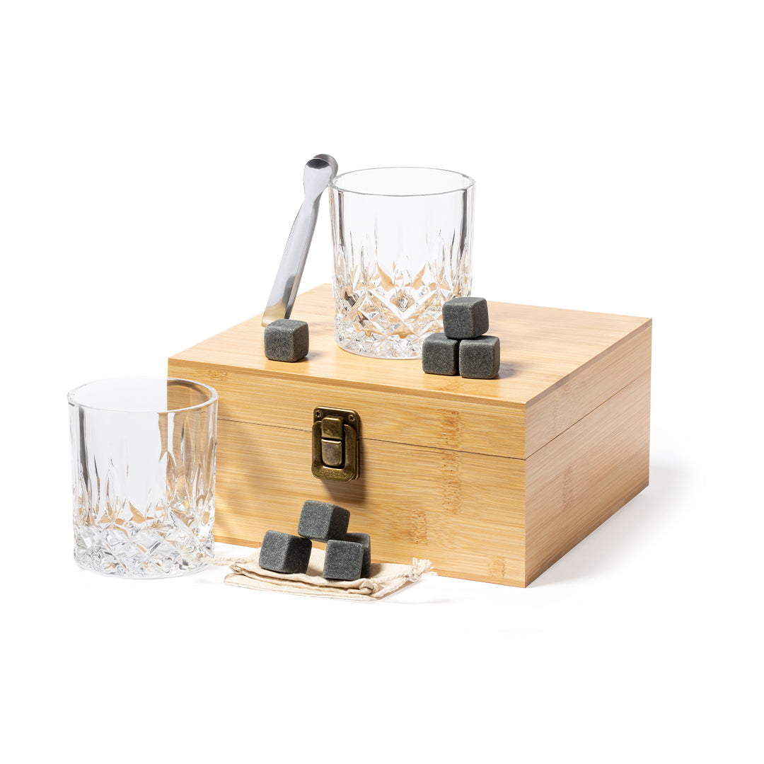 Set de whisky con 2 vasos y piedras en estuche de bambú