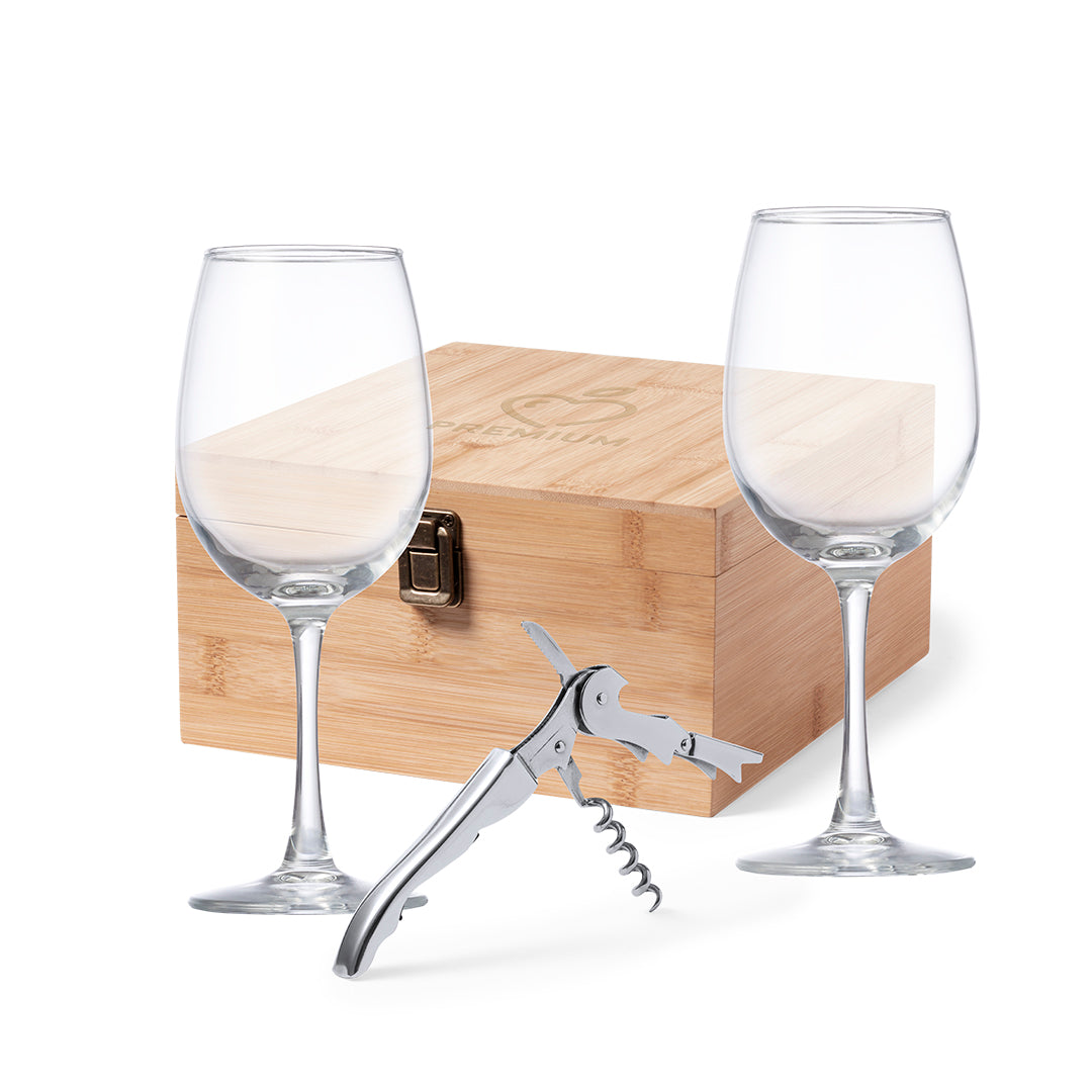 Set de vino con 2 copas en estuche de bambú