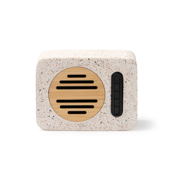 Altavoz Bluetooth de terrazo reciclado y bambú · Crudo