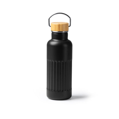 Botella térmica de acero reciclado 500 ml con tapa de bambú · Negro