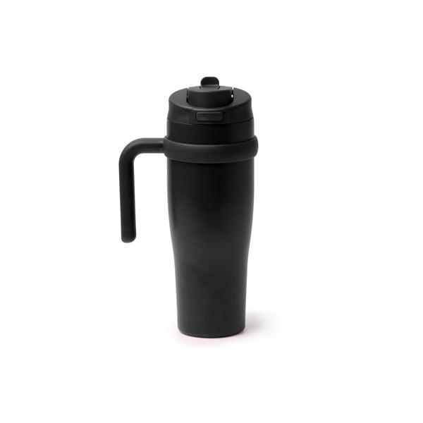 Taza térmica de acero reciclado 900 ml con pajita y asa · Negro