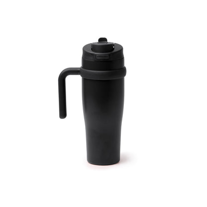 Taza térmica de acero reciclado 900 ml con pajita y asa · Negro