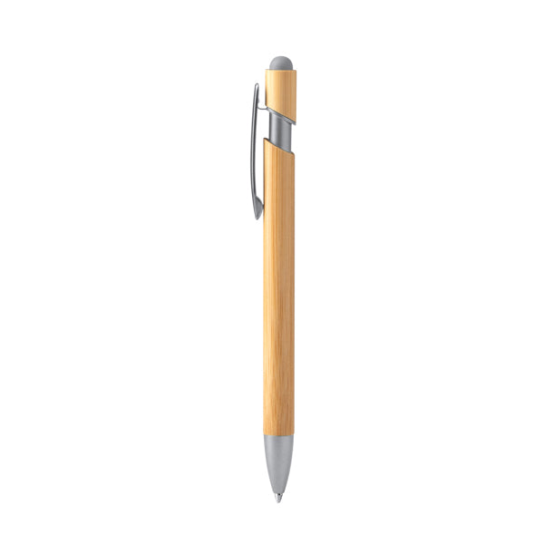 Bolígrafo de bambú con puntero táctil y detalles cromados · Plata