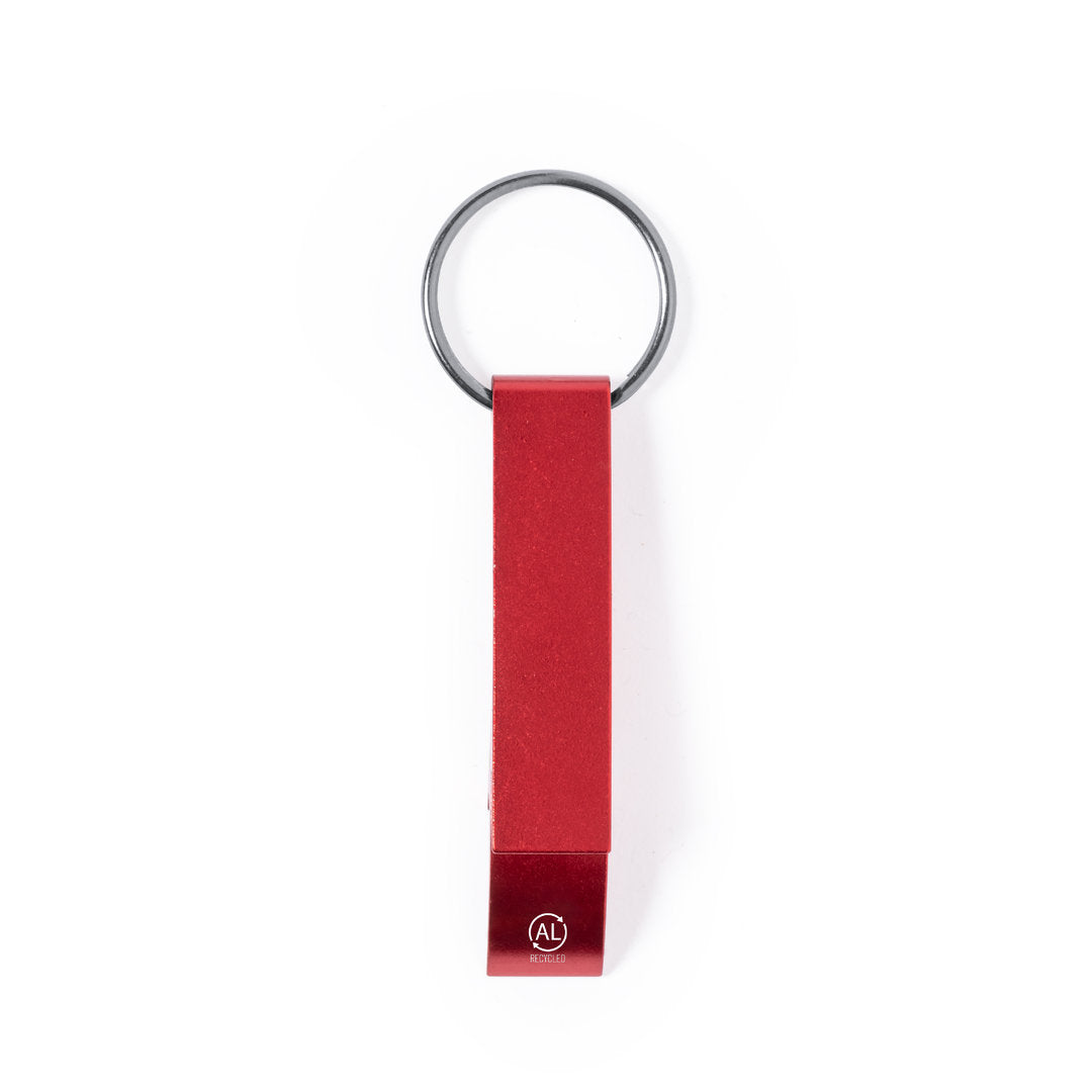 Llavero abridor de aluminio reciclado con abrelatas · Rojo