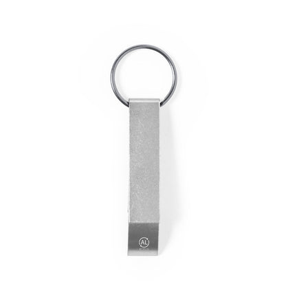Llavero abridor de aluminio reciclado con abrelatas · Plateado