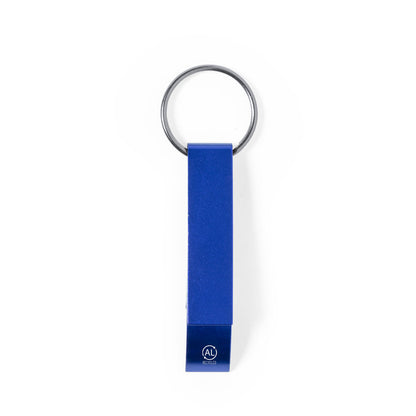 Llavero abridor de aluminio reciclado con abrelatas · Azul