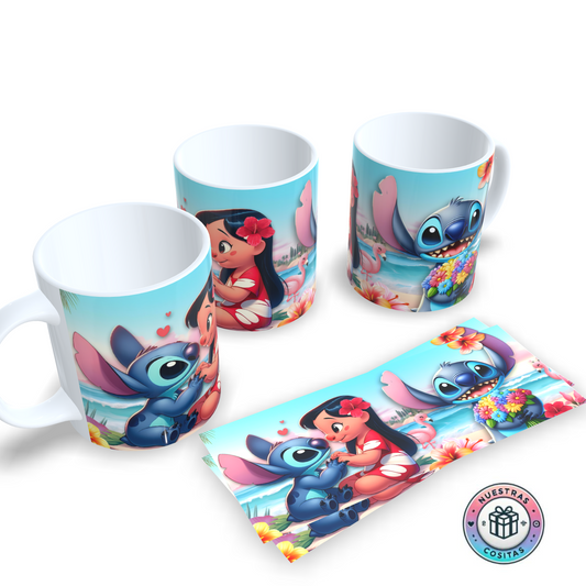 Taza Lilo & Stitch abrazados – Escena tierna en la playa