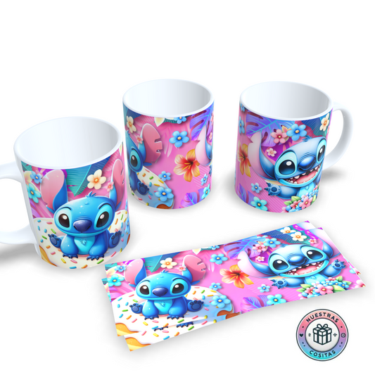 Taza Stitch sobre donut – Diseño tropical colorido