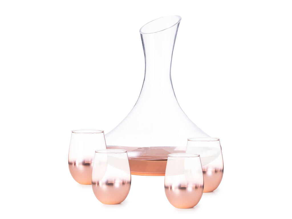 Set decantador y 4 vasos de cristal rosado