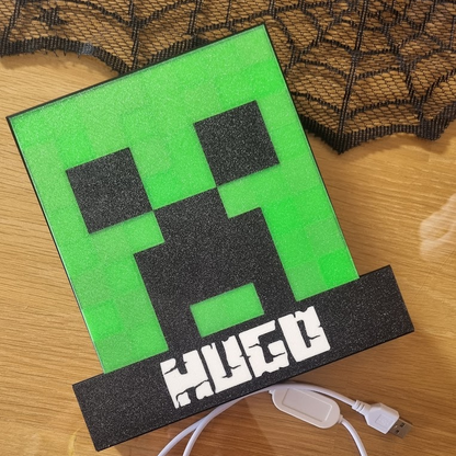 Caja de luz Minecraft personalizada con nombre - Impresa en 3D - Luz LED USB - Regalo gamer