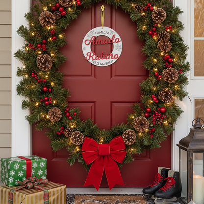 Corona navideña de madera personalizada Familia [Apellido]