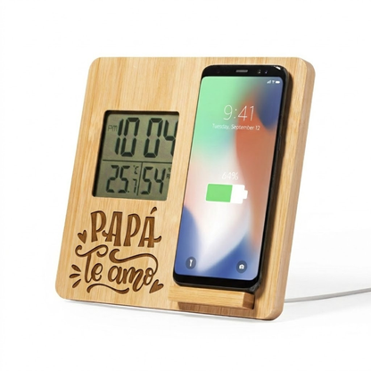 🌡️ Estación Meteorológica de Bambú con Carga Inalámbrica 10W - Día del padre