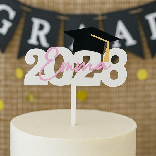 Topper de graduación personalizado con nombre, año y birrete – Decoración impresa en 3D