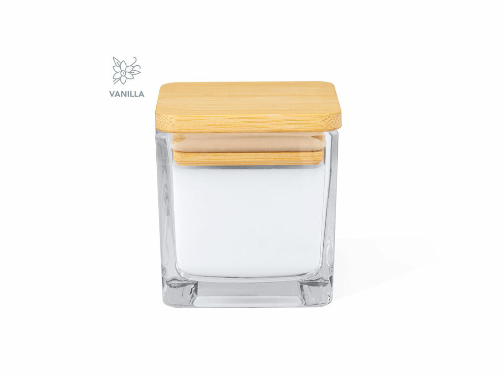 Vela aromática cuadrada en cristal con tapa de bambú · Blanco