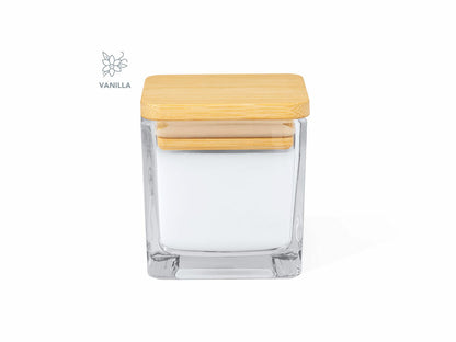Vela aromática cuadrada en cristal con tapa de bambú · Blanco