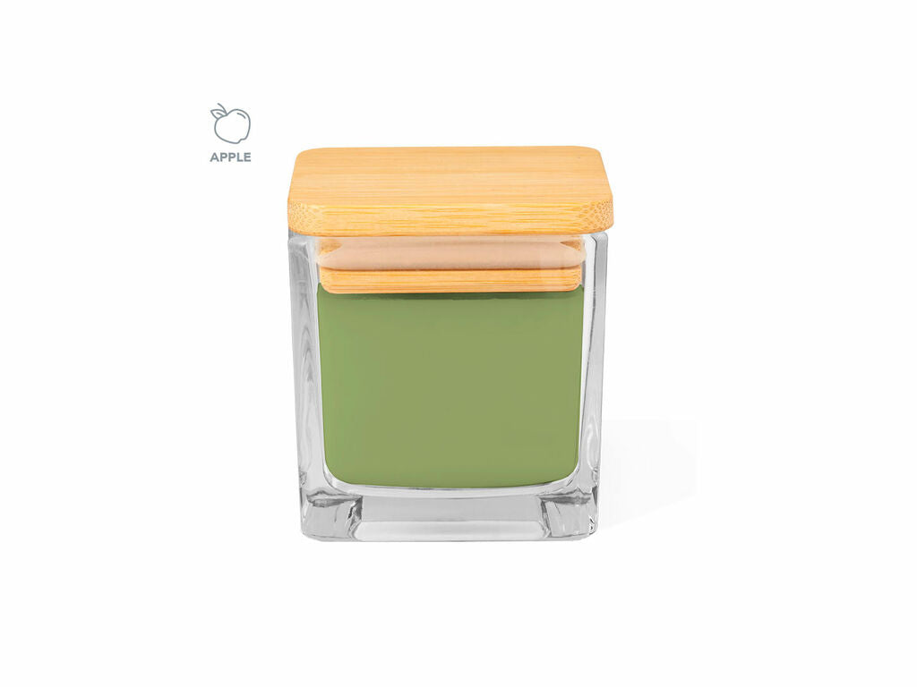 Vela aromática cuadrada en cristal con tapa de bambú · Verde