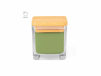 Vela aromática cuadrada en cristal con tapa de bambú · Verde