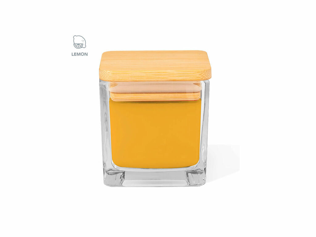 Vela aromática cuadrada en cristal con tapa de bambú · Amarillo